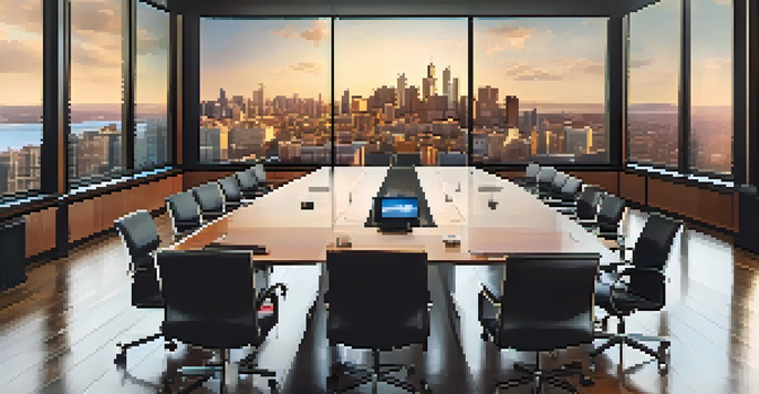 A well-lit corporate boardroom with a large wooden table and modern leather chairs, featuring a projector screen displaying colorful graphs on risk management strategies.