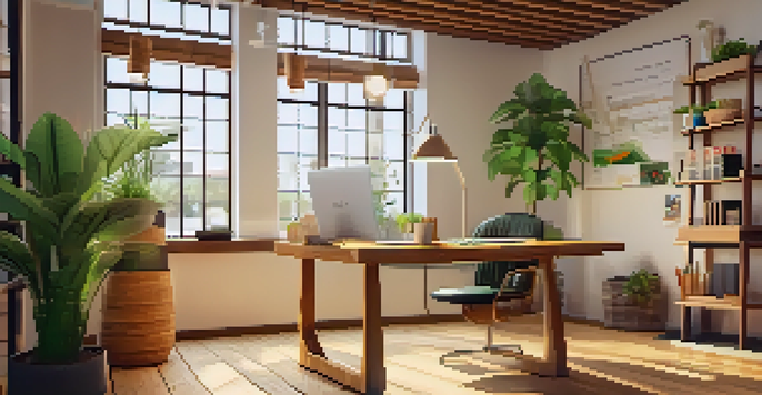 A cozy office with a laptop showing an ethical branding website, surrounded by sustainable decor and natural light.