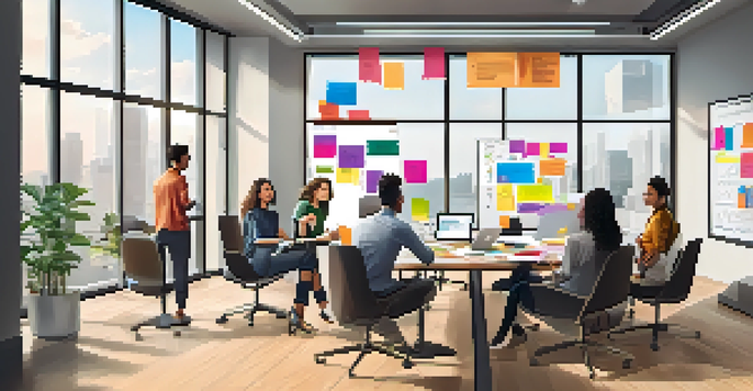 A diverse group of people in a bright office brainstorming ideas around a conference table with sticky notes on a whiteboard.