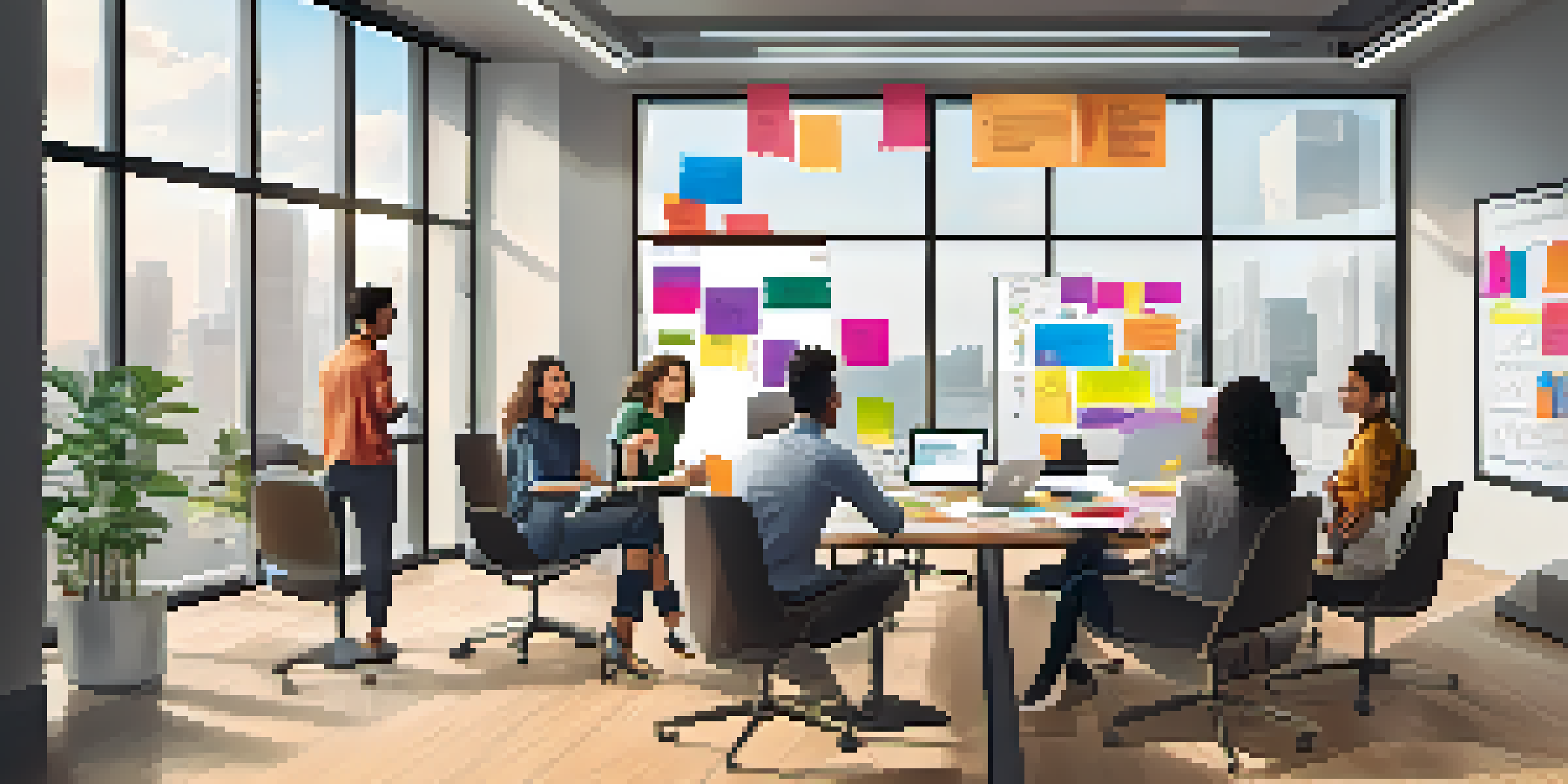 A diverse group of people in a bright office brainstorming ideas around a conference table with sticky notes on a whiteboard.