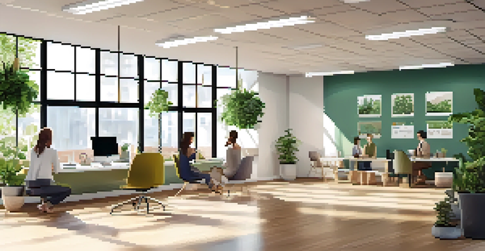 A bright and inviting office space where employees are practicing yoga and mindfulness, surrounded by greenery and motivational decor.