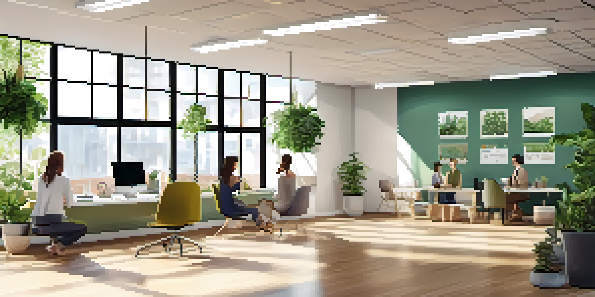 A bright and inviting office space where employees are practicing yoga and mindfulness, surrounded by greenery and motivational decor.