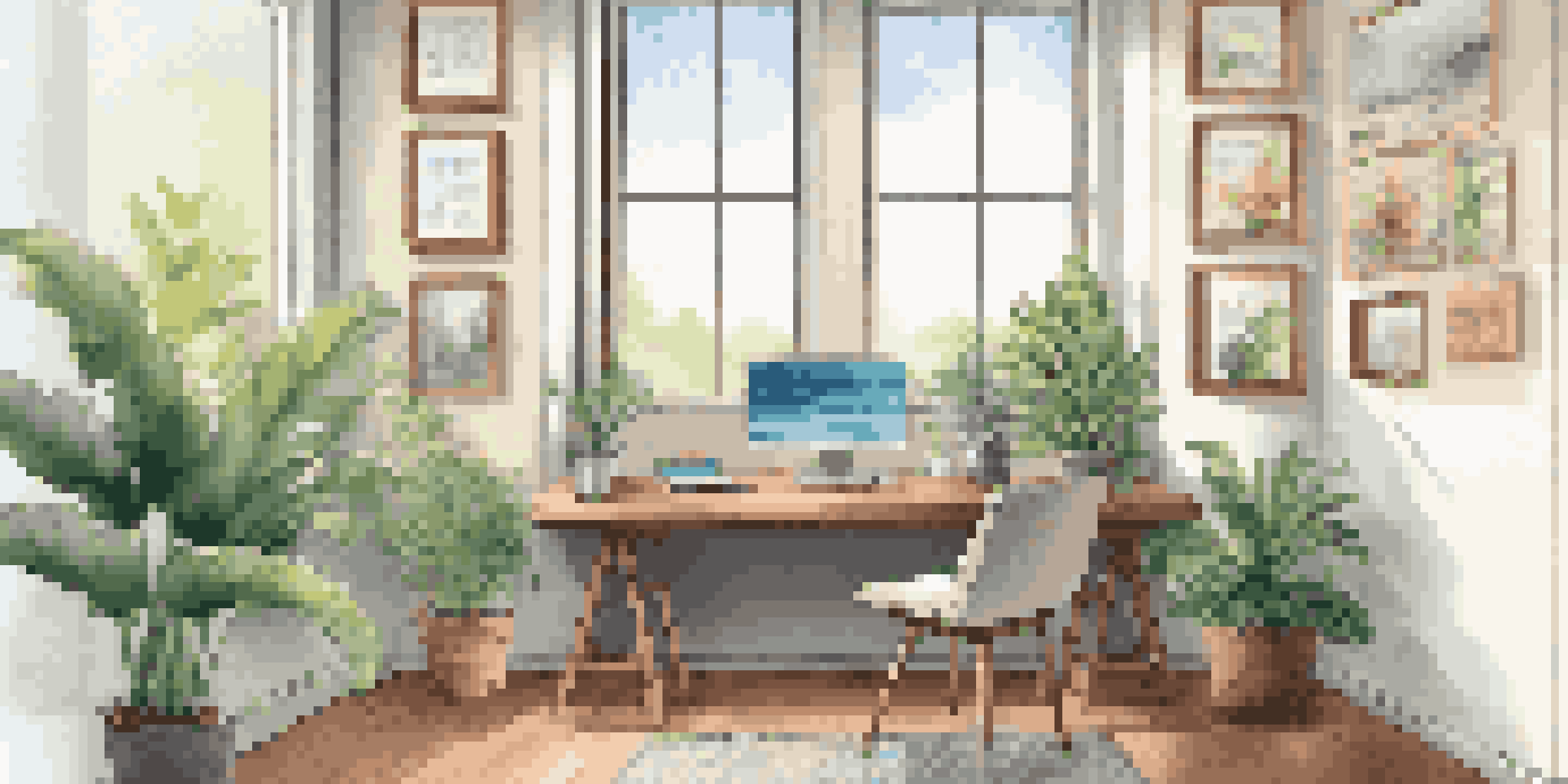 An inviting office space featuring a comfortable chair and a laptop on a table, with plants and motivational artwork on the walls.