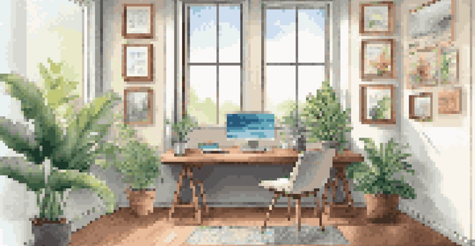 An inviting office space featuring a comfortable chair and a laptop on a table, with plants and motivational artwork on the walls.