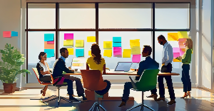 A diverse group of professionals in a bright office discussing project risk management with laptops and sticky notes.