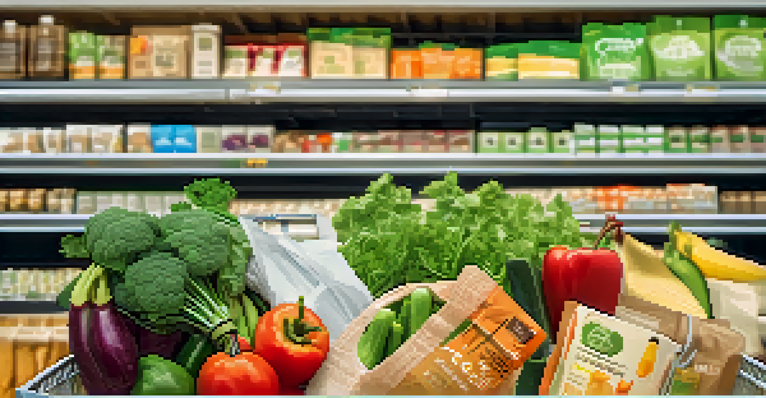 A shopping basket showcasing eco-friendly products in a grocery store aisle, emphasizing sustainable consumer choices.