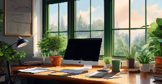 A peaceful office workspace featuring a wooden desk with a laptop showing analytics, a cup of coffee, and sunlight coming through a window with plants.