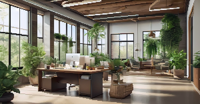 A bright and calm office space filled with plants and sustainable design elements, showcasing an eco-friendly work environment.