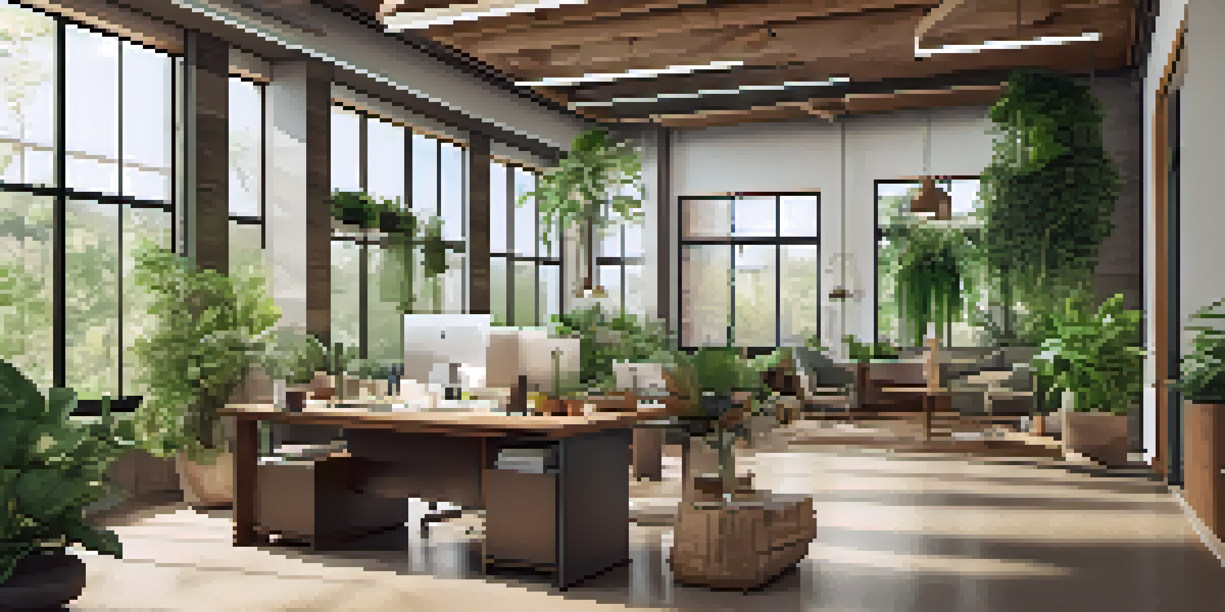 A bright and calm office space filled with plants and sustainable design elements, showcasing an eco-friendly work environment.