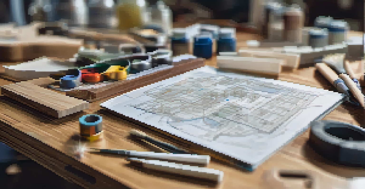 Close-up of a prototype product on a workbench with tools and sketches in the background.