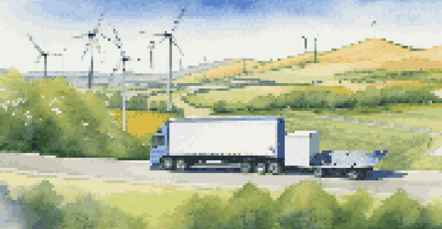 A delivery truck with solar panels driving along a scenic route, with a wind farm and solar panels in the background under a clear blue sky.