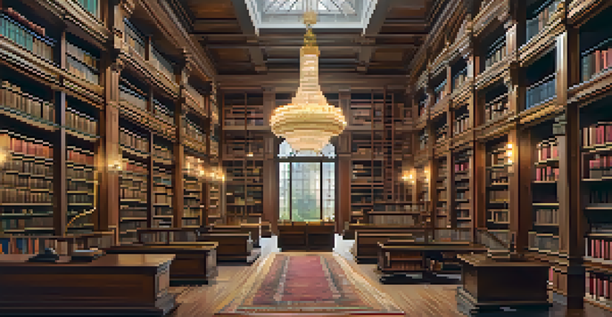A vintage library interior with wooden shelves and warm lighting.