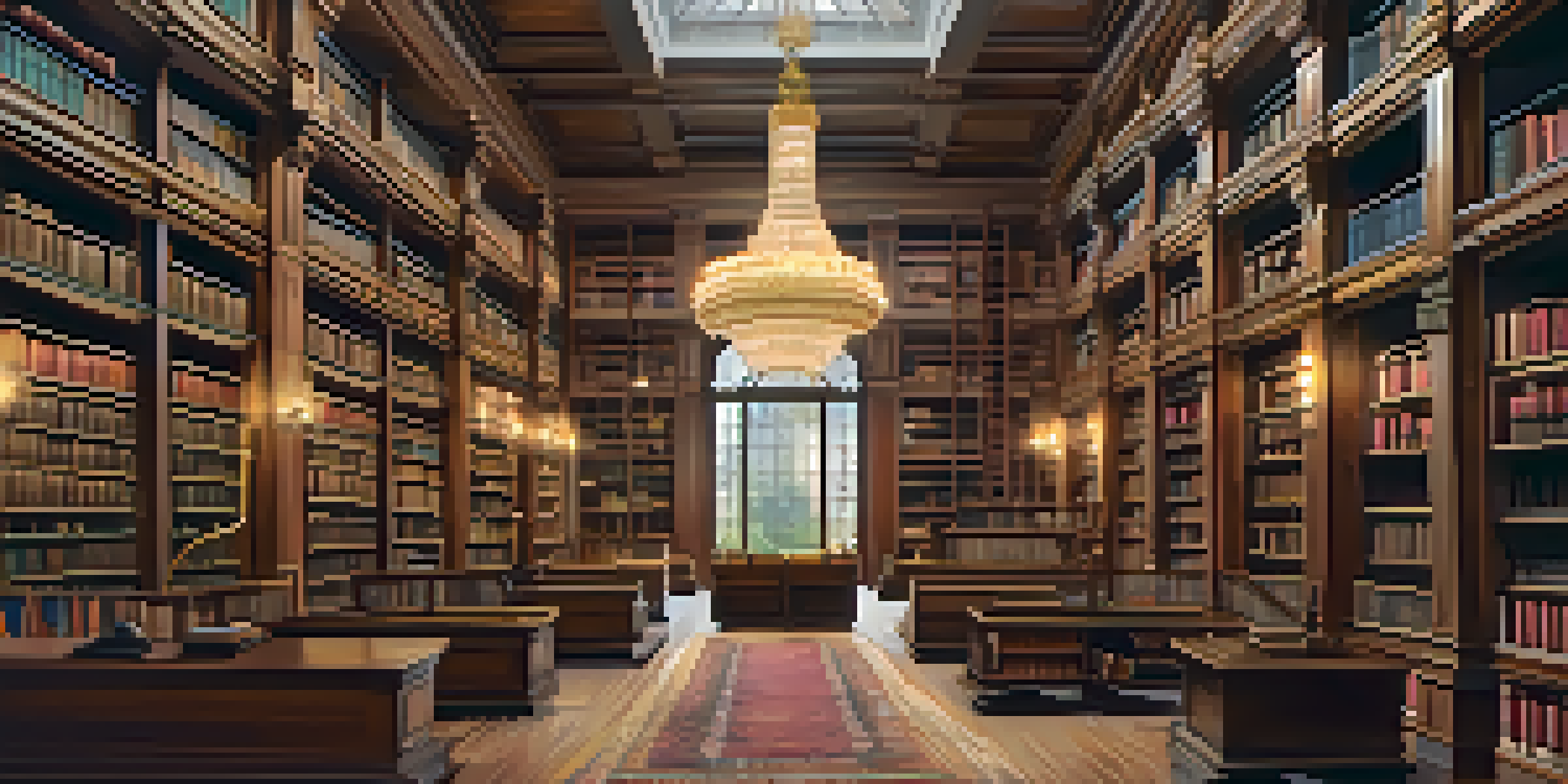 A vintage library interior with wooden shelves and warm lighting.