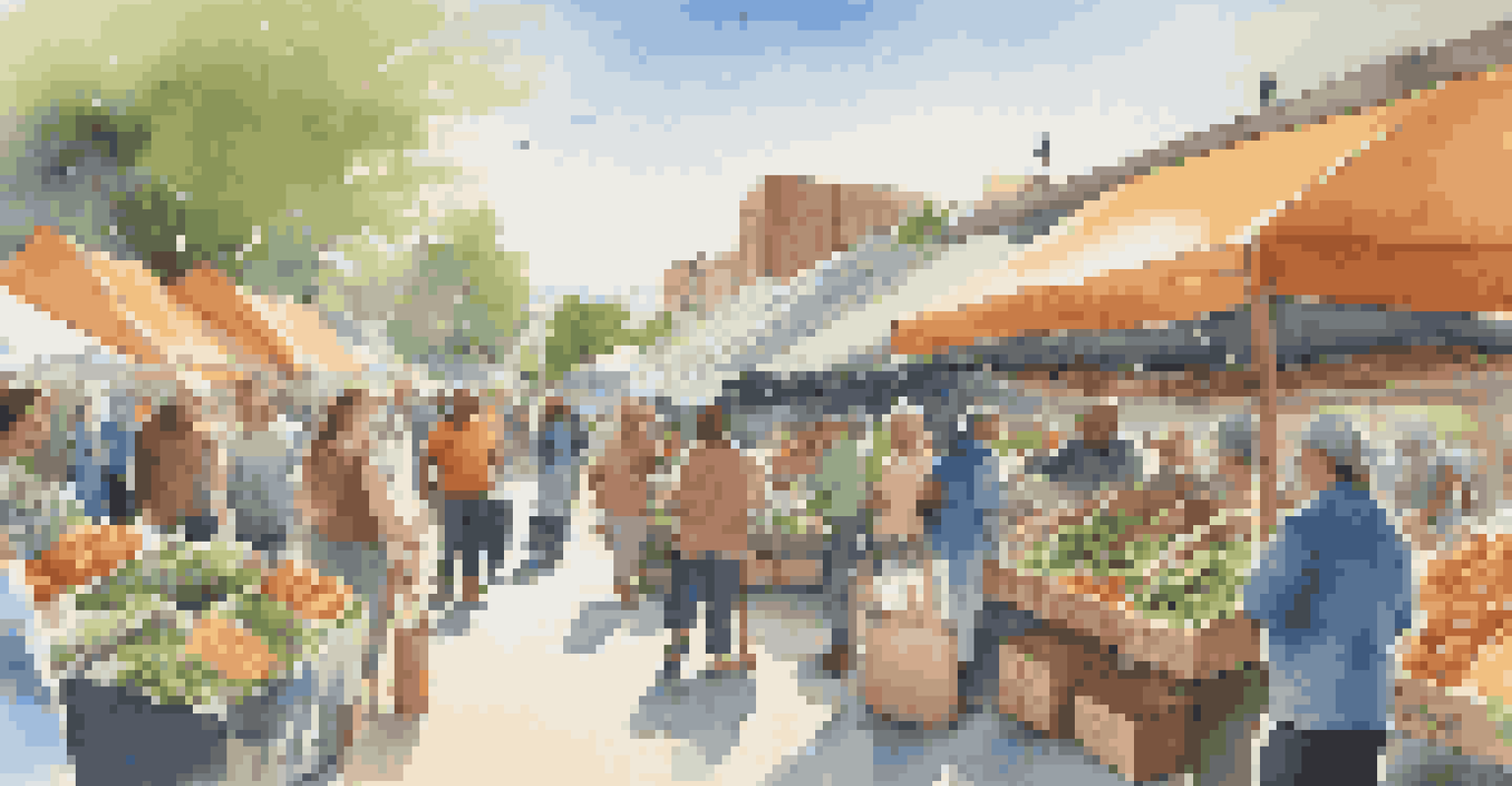 A lively outdoor market with vendors selling eco-friendly products and customers engaging with them.