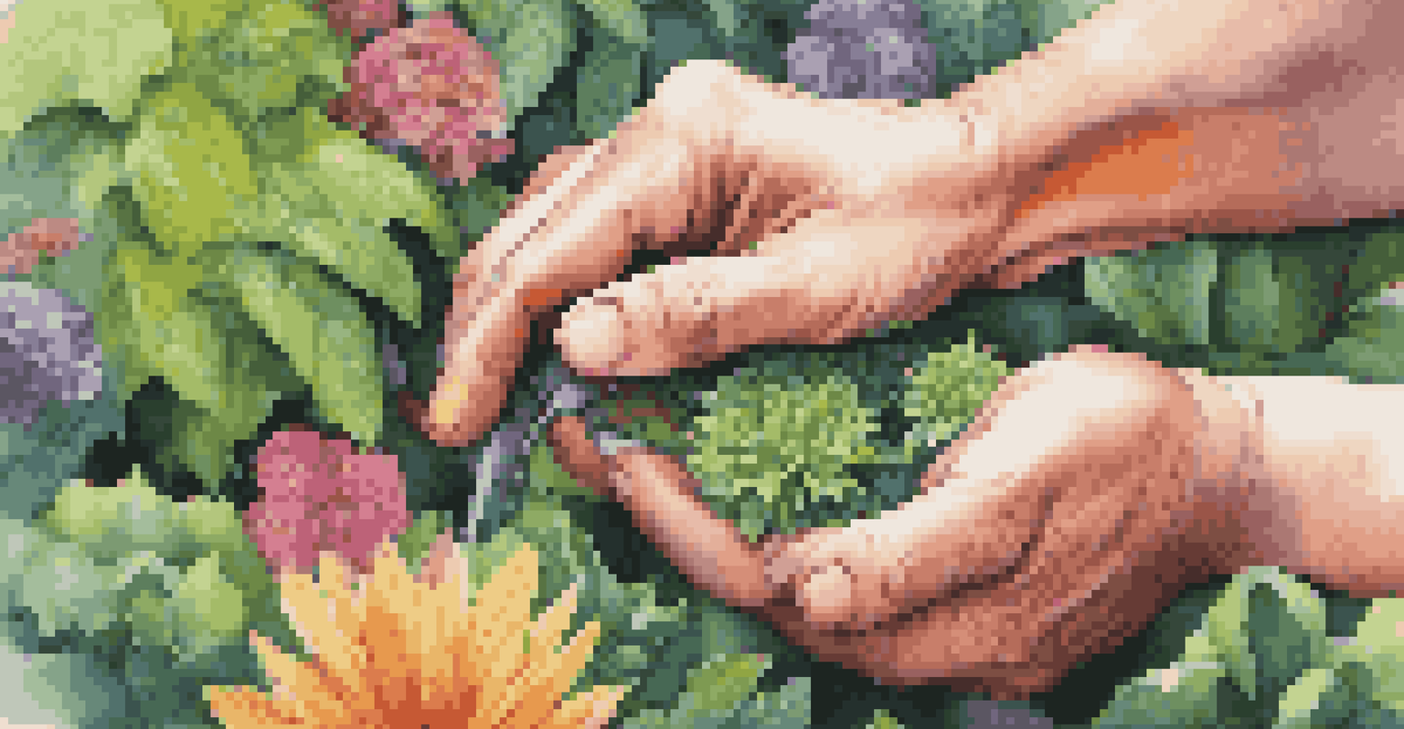 A gardener's hands carefully inspecting green plants surrounded by colorful flowers, symbolizing vigilance in risk identification.