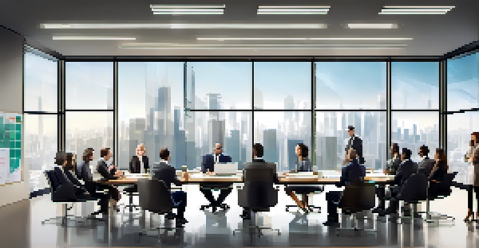 A diverse team of professionals in a modern conference room discussing crisis management strategies with charts and laptops.