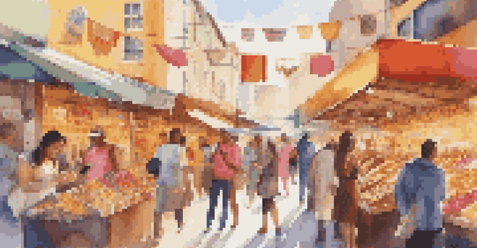 A lively marketplace with people using smartphones, displaying social media interactions and product showcases.