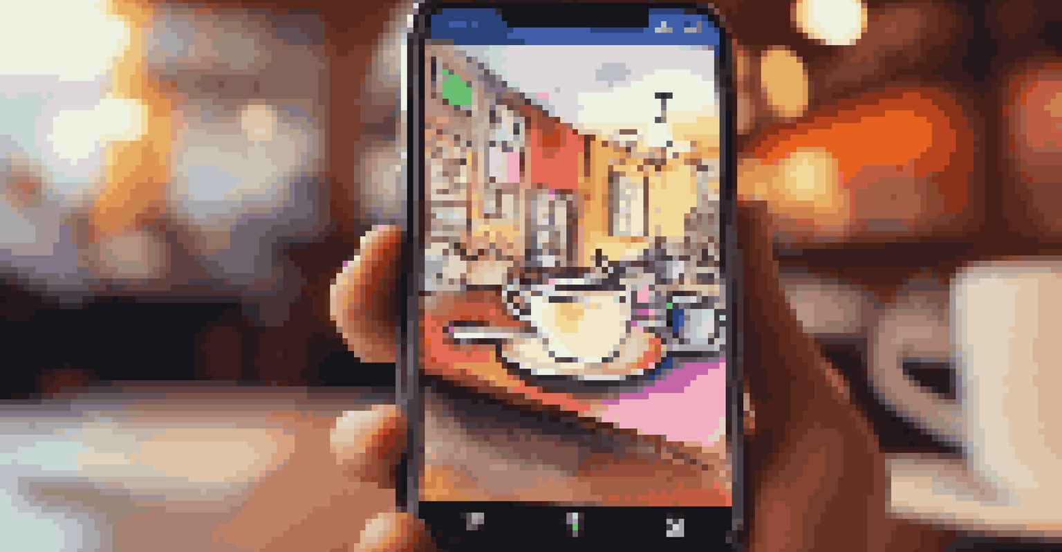 A smartphone showing a colorful video clip on a social media platform, set on a cafe table.