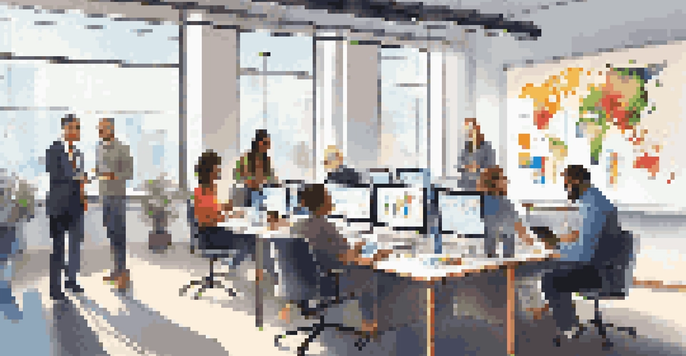 A diverse team of professionals in a bright office analyzing customer feedback together around a table.