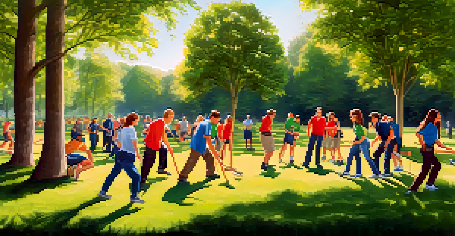 Employees engaging in a trust-building outdoor team-building exercise in a sunny park.