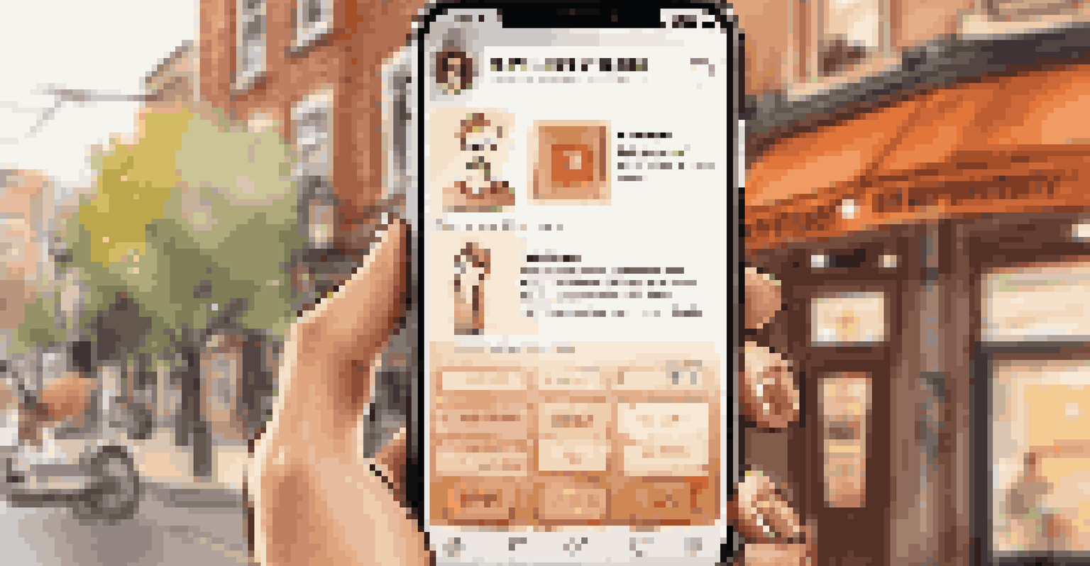 A close-up of a smartphone displaying a startup's social media profile in a coffee shop environment.