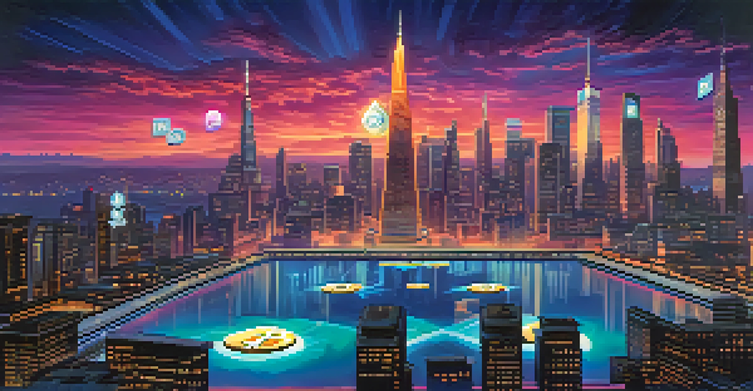Cryptocurrency symbols floating above a futuristic city skyline at dusk, illuminated by neon colors.