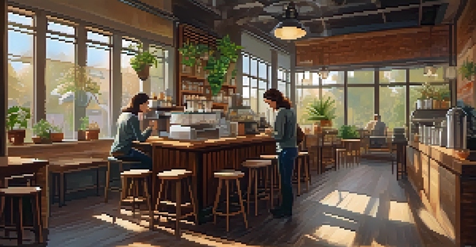 A warm interior of a coffee shop with wooden furniture, plants, and a barista serving coffee in compostable cups.