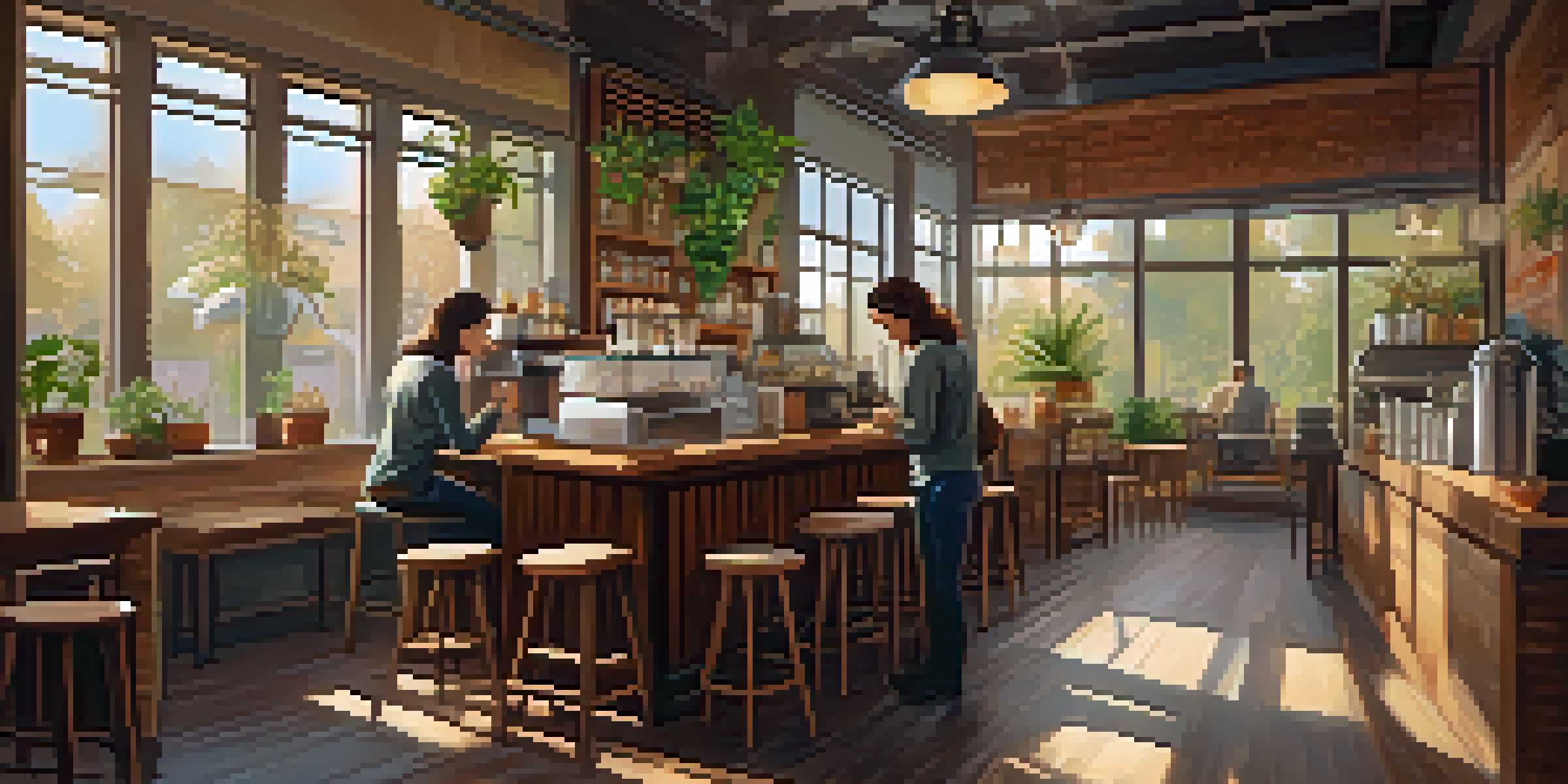 A warm interior of a coffee shop with wooden furniture, plants, and a barista serving coffee in compostable cups.