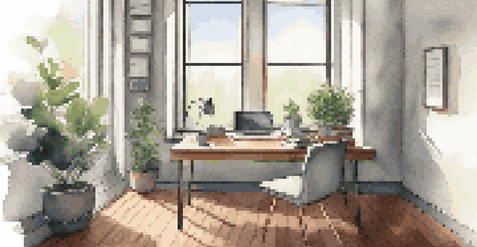 A bright and modern office workspace with a desk, laptop, coffee cup, notepad, and a plant by the window.