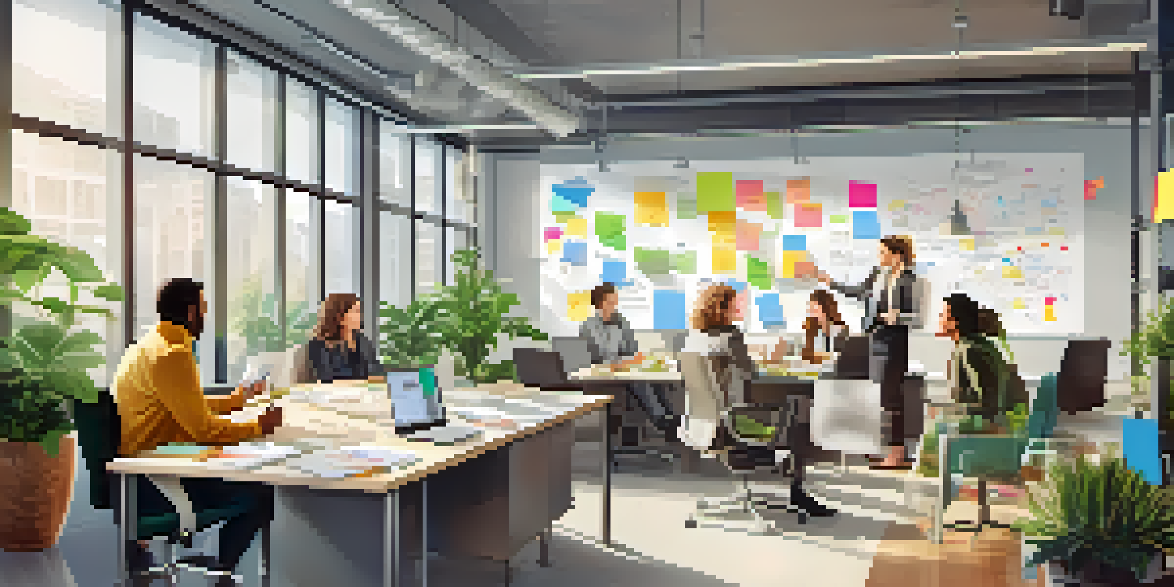A diverse team of professionals in a bright office engaged in a brainstorming session, with whiteboards and plants around.