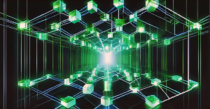 A detailed illustration of a blockchain network with interconnected glowing blocks against a dark background.