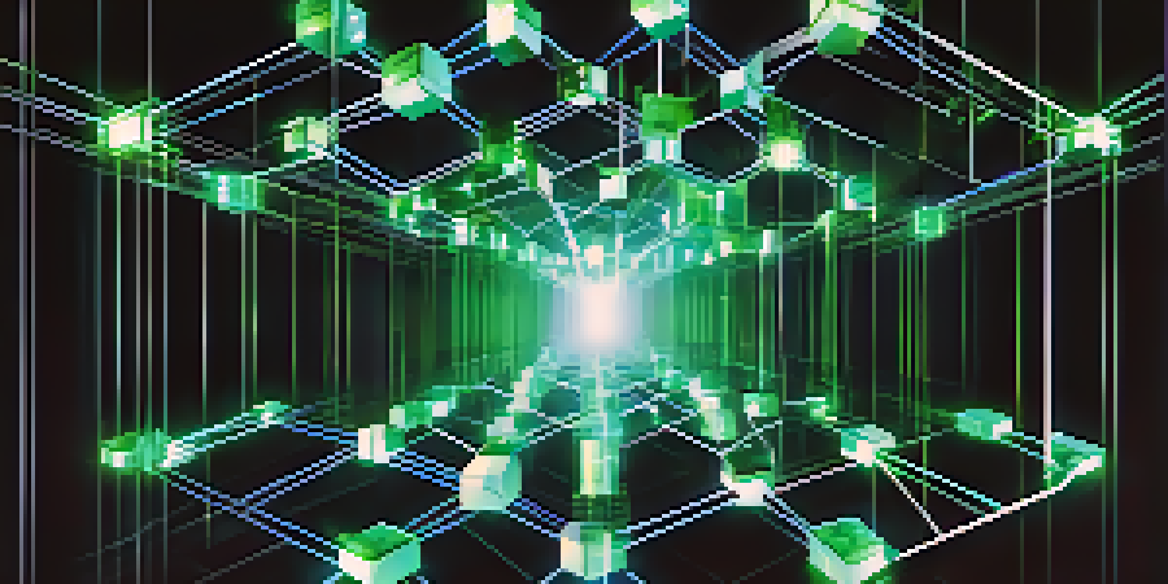 A detailed illustration of a blockchain network with interconnected glowing blocks against a dark background.