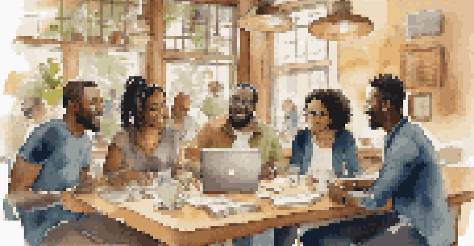 A diverse group of individuals discussing and sharing stories in a cozy coffee shop.