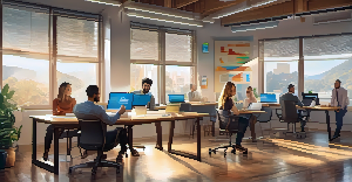 A diverse team of professionals collaborating on digital marketing strategies in a bright office with charts and motivational posters.