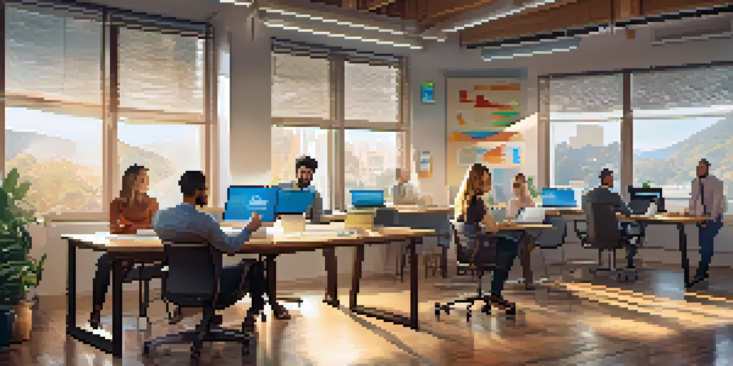 A diverse team of professionals collaborating on digital marketing strategies in a bright office with charts and motivational posters.