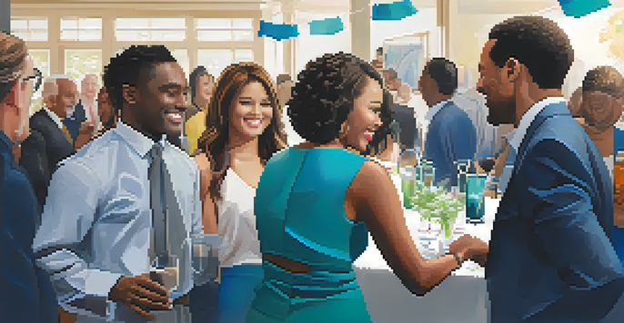 A lively networking event with diverse individuals smiling and interacting in a well-lit environment.