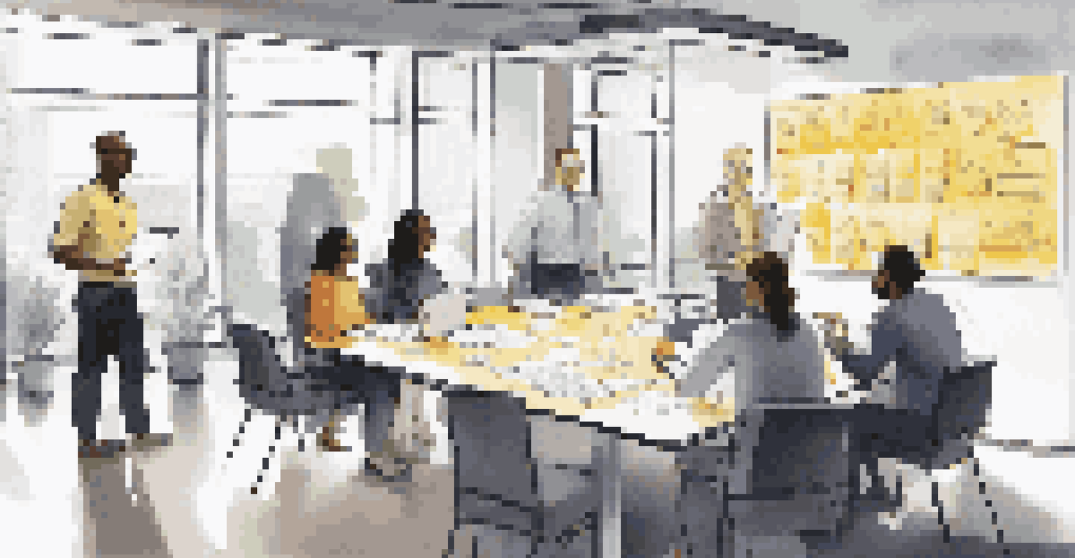 A diverse team collaborating in a bright conference room, surrounded by sticky notes and digital devices, symbolizing teamwork and innovation.