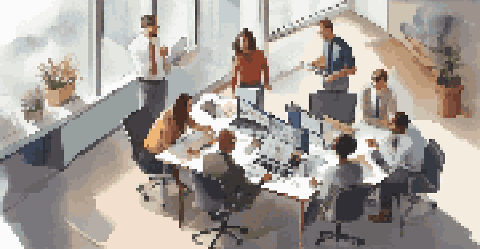A team of small business professionals discussing data strategies around a table in a bright, collaborative workspace.