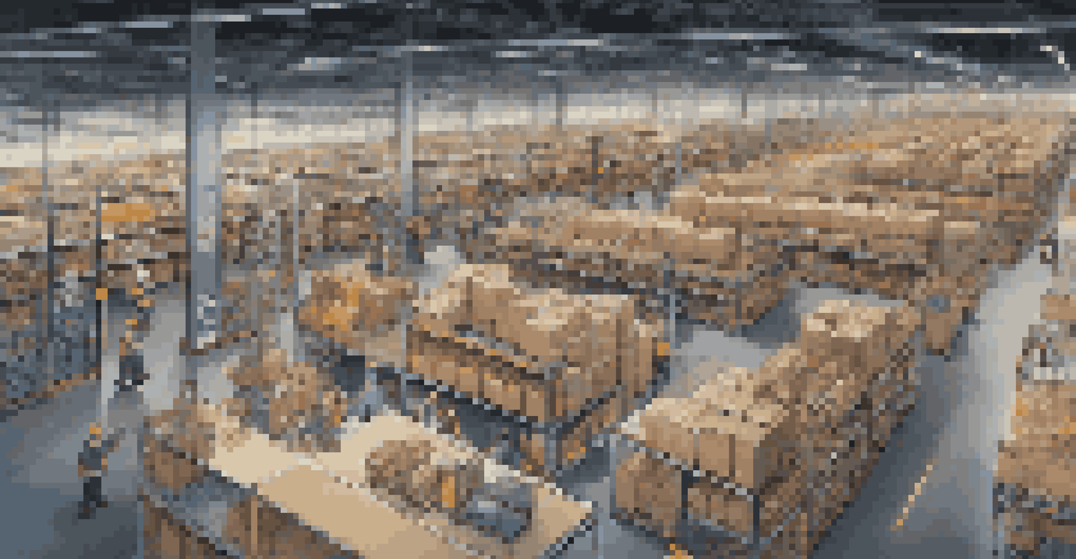 Aerial view of a busy warehouse showing workers packing products and using inventory management screens, highlighting efficiency in supply chain operations.