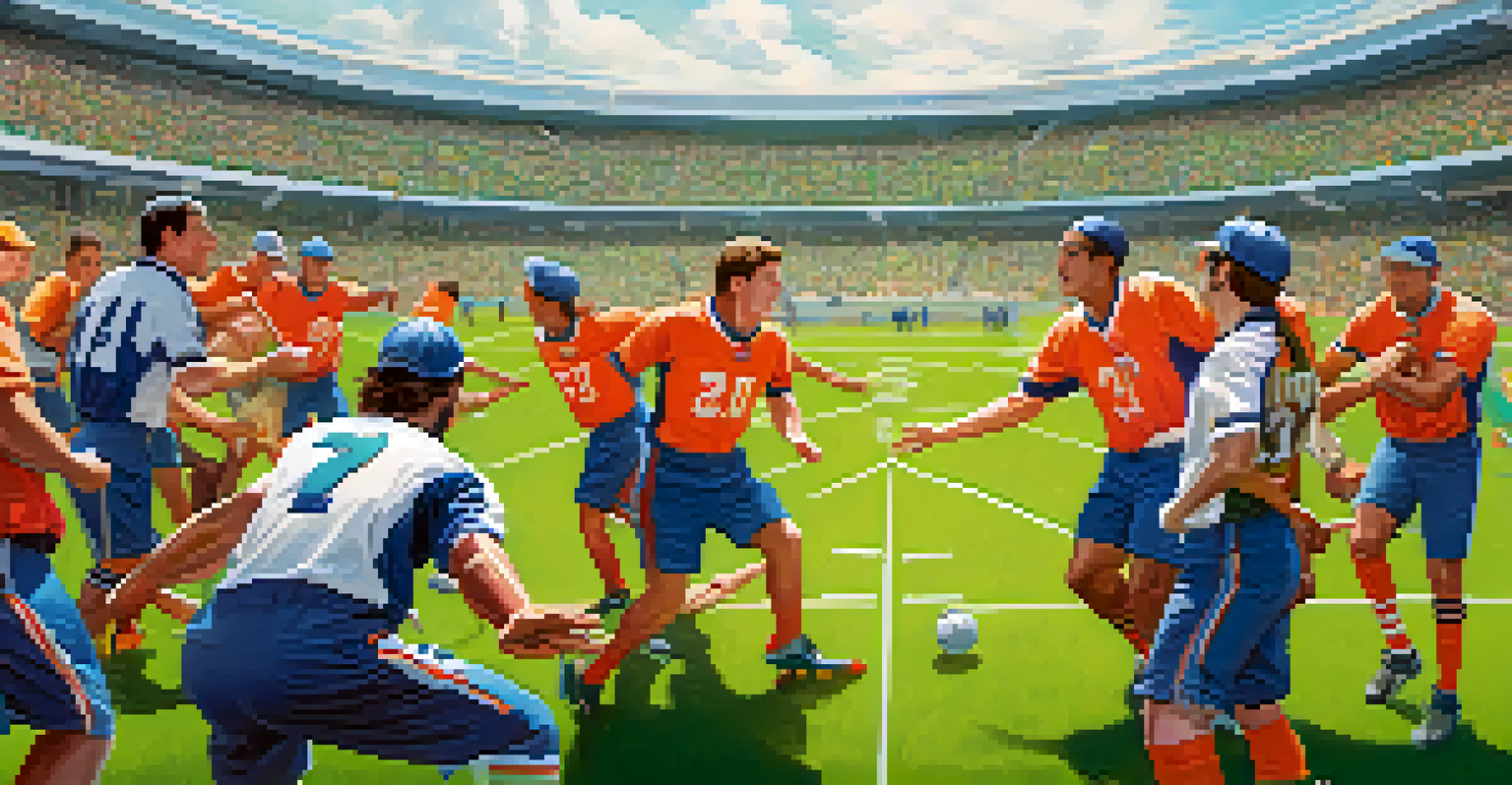 A sports team working together on a bright green field, passing a ball and communicating, symbolizing teamwork and engagement.