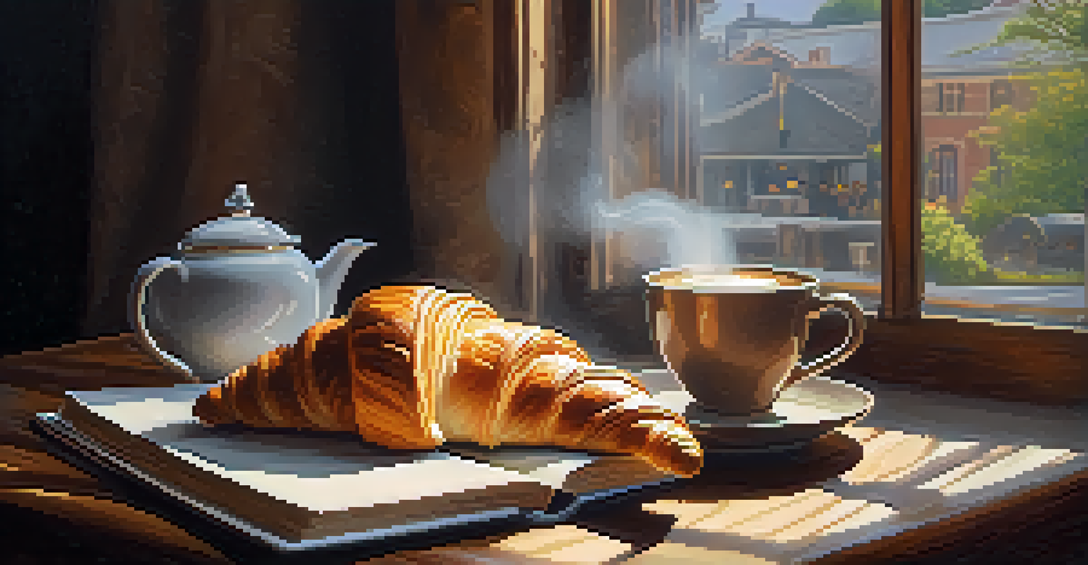 A cozy café table with coffee, a croissant, and a book, illuminated by morning light.