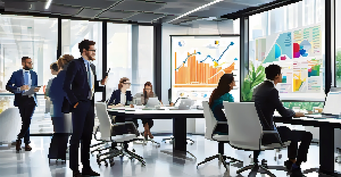 A diverse group of professionals in a bright office discussing customer experience strategies over digital devices.