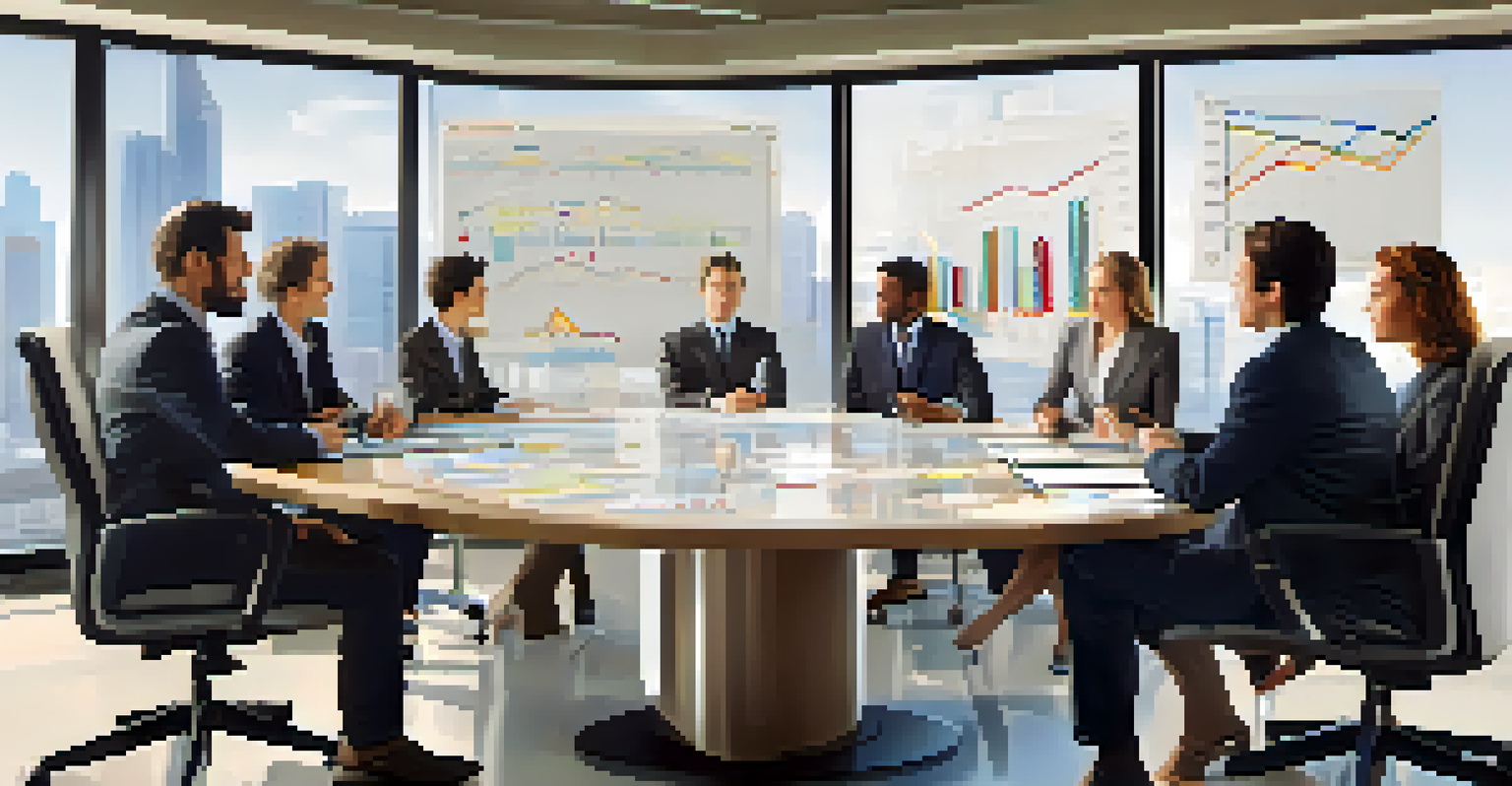 A diverse group of professionals in a business meeting discussing financial forecasts, with charts displayed on a screen and natural light coming through windows.