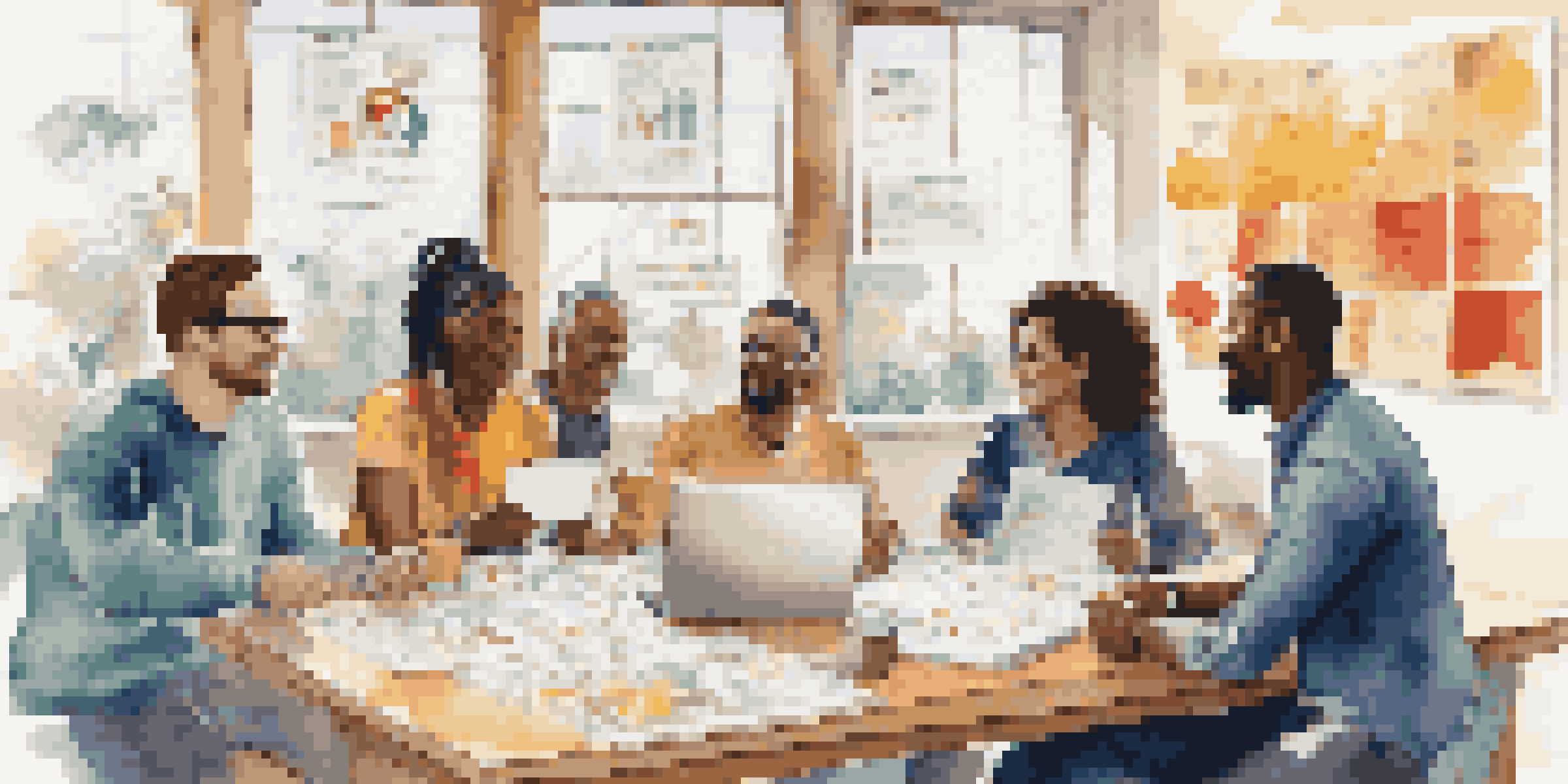 A diverse group of individuals engaged in a lively discussion about a crowdfunding campaign, with charts and laptops on the table and a mission statement poster in the background.