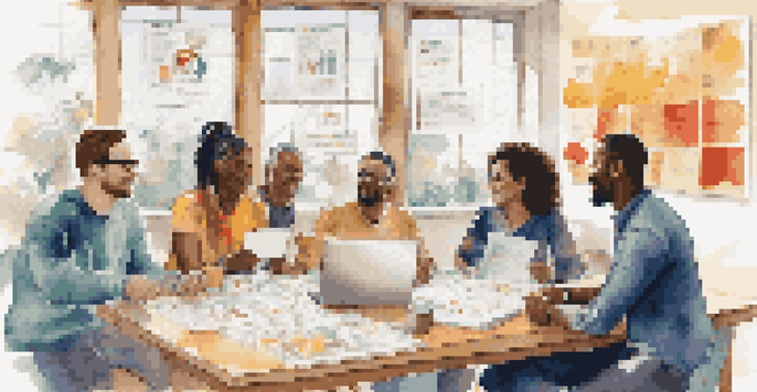 A diverse group of individuals engaged in a lively discussion about a crowdfunding campaign, with charts and laptops on the table and a mission statement poster in the background.