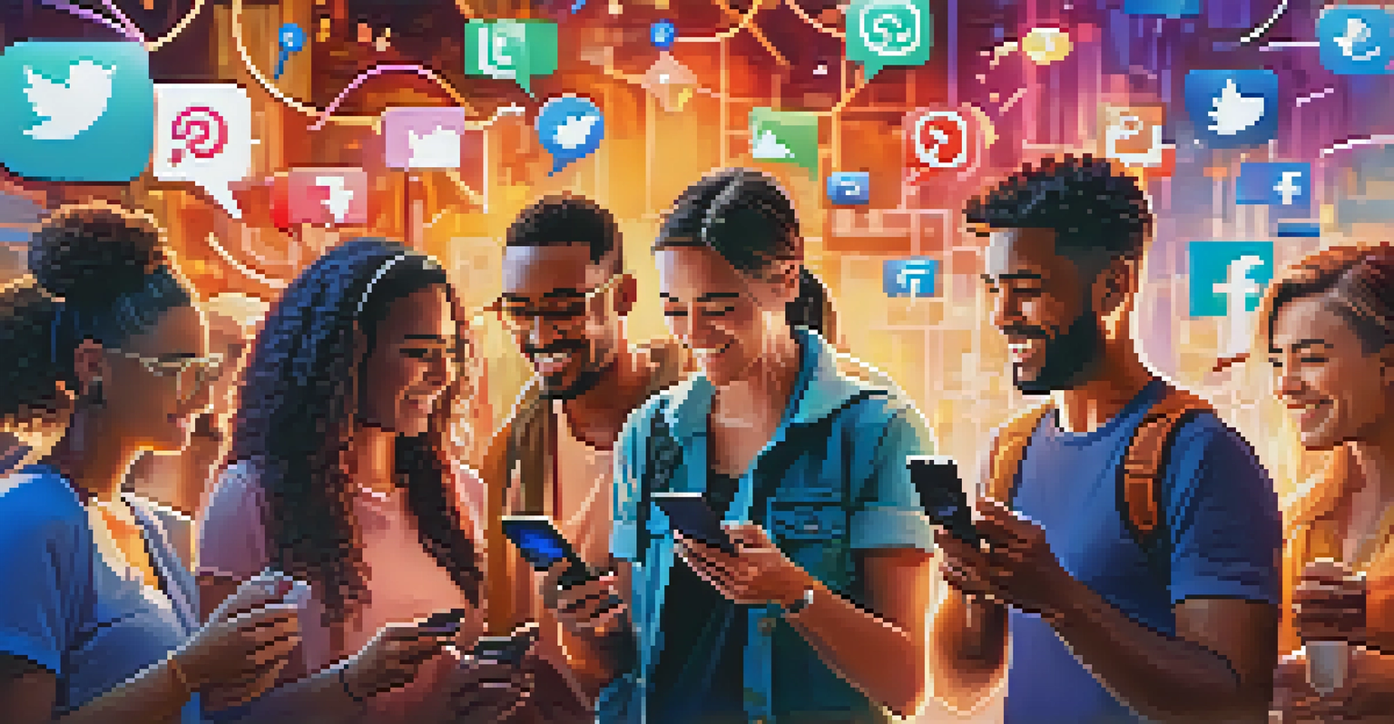 A diverse group of people sharing content on smartphones, surrounded by social media icons and notifications.