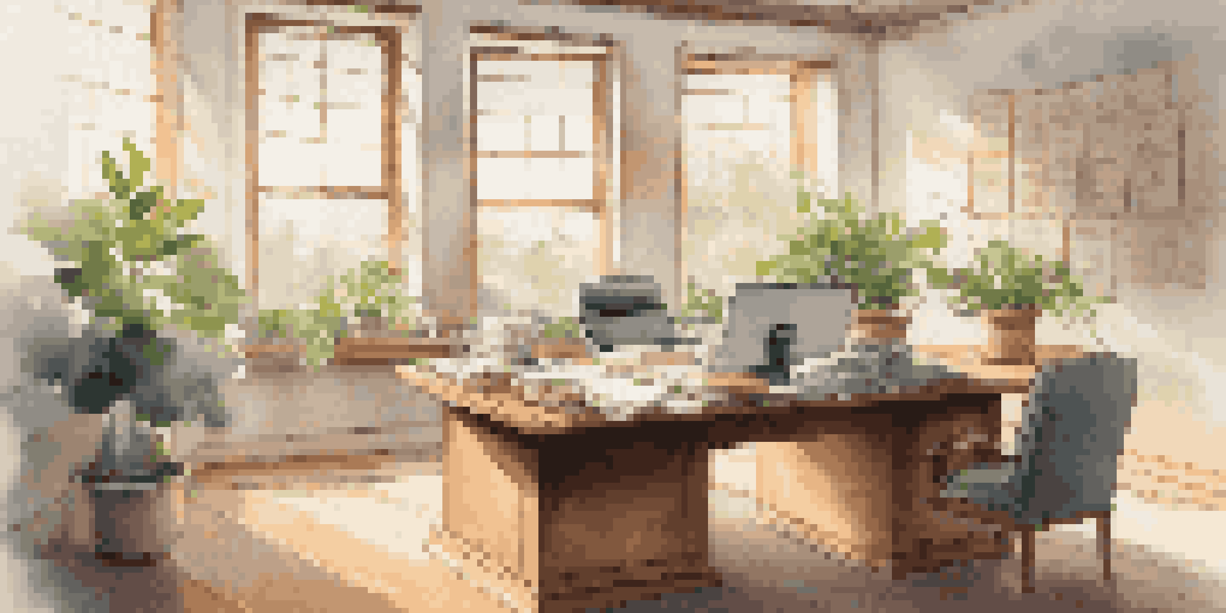 An office with a wooden table, legal documents, a laptop showing a compliance checklist, and a plant, illuminated by soft natural light from large windows.