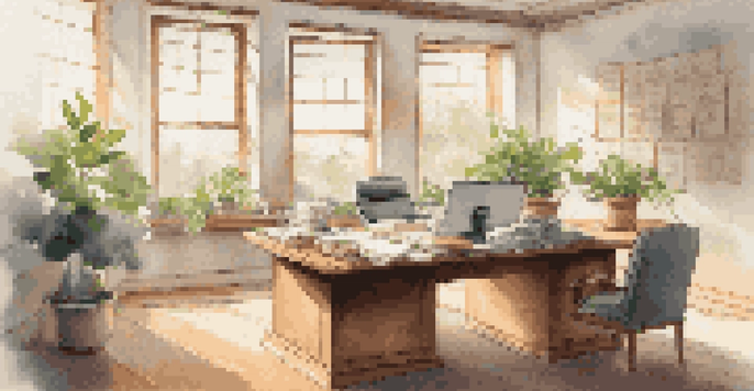 An office with a wooden table, legal documents, a laptop showing a compliance checklist, and a plant, illuminated by soft natural light from large windows.