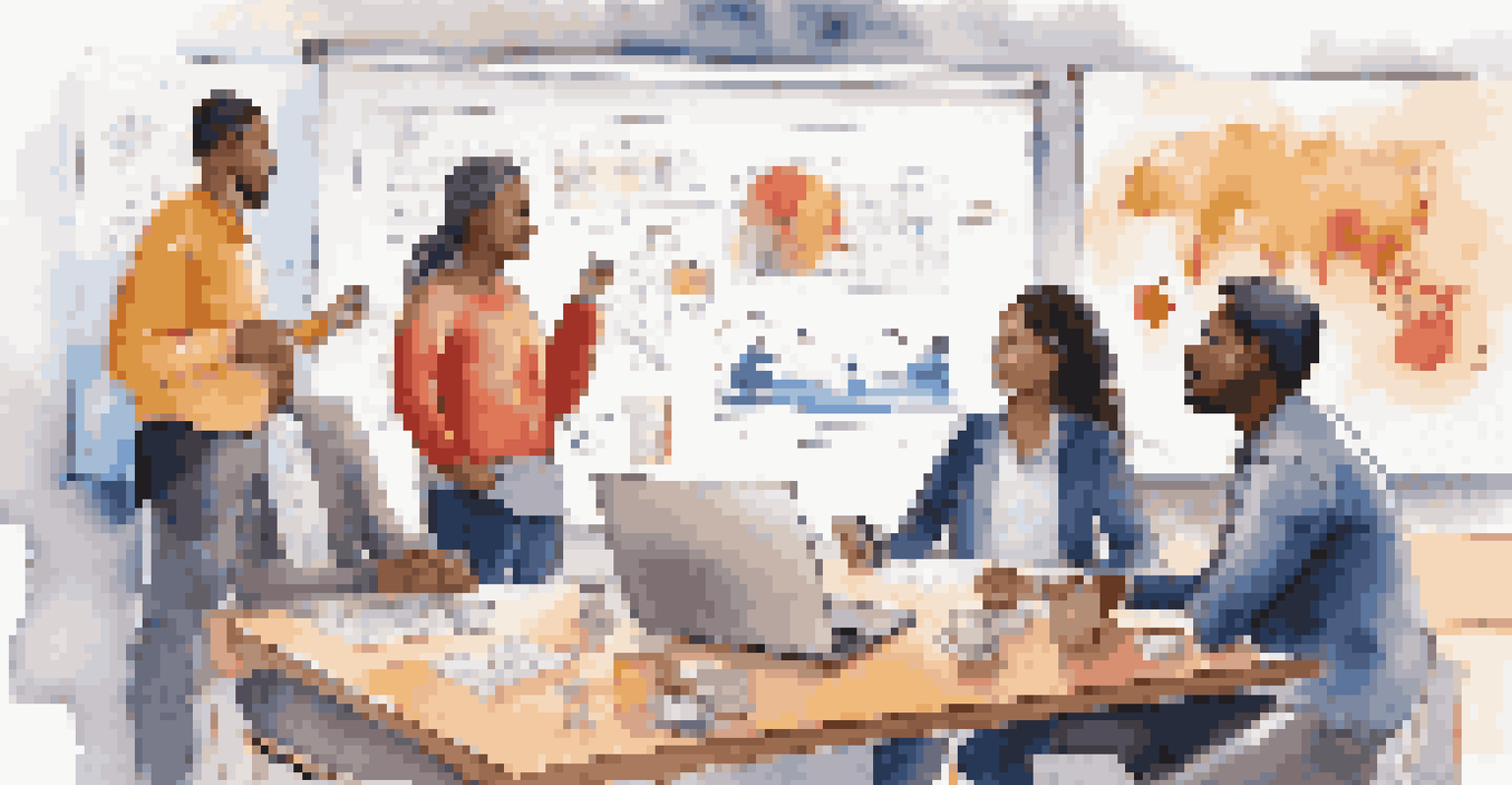 A lively team meeting with diverse members brainstorming around a whiteboard filled with colorful notes and diagrams.