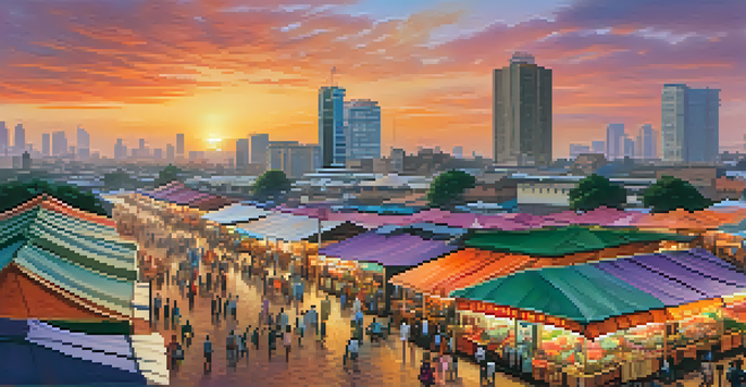 A panoramic view of Nairobi's skyline at sunset, with colorful skies and a bustling street market in the foreground.